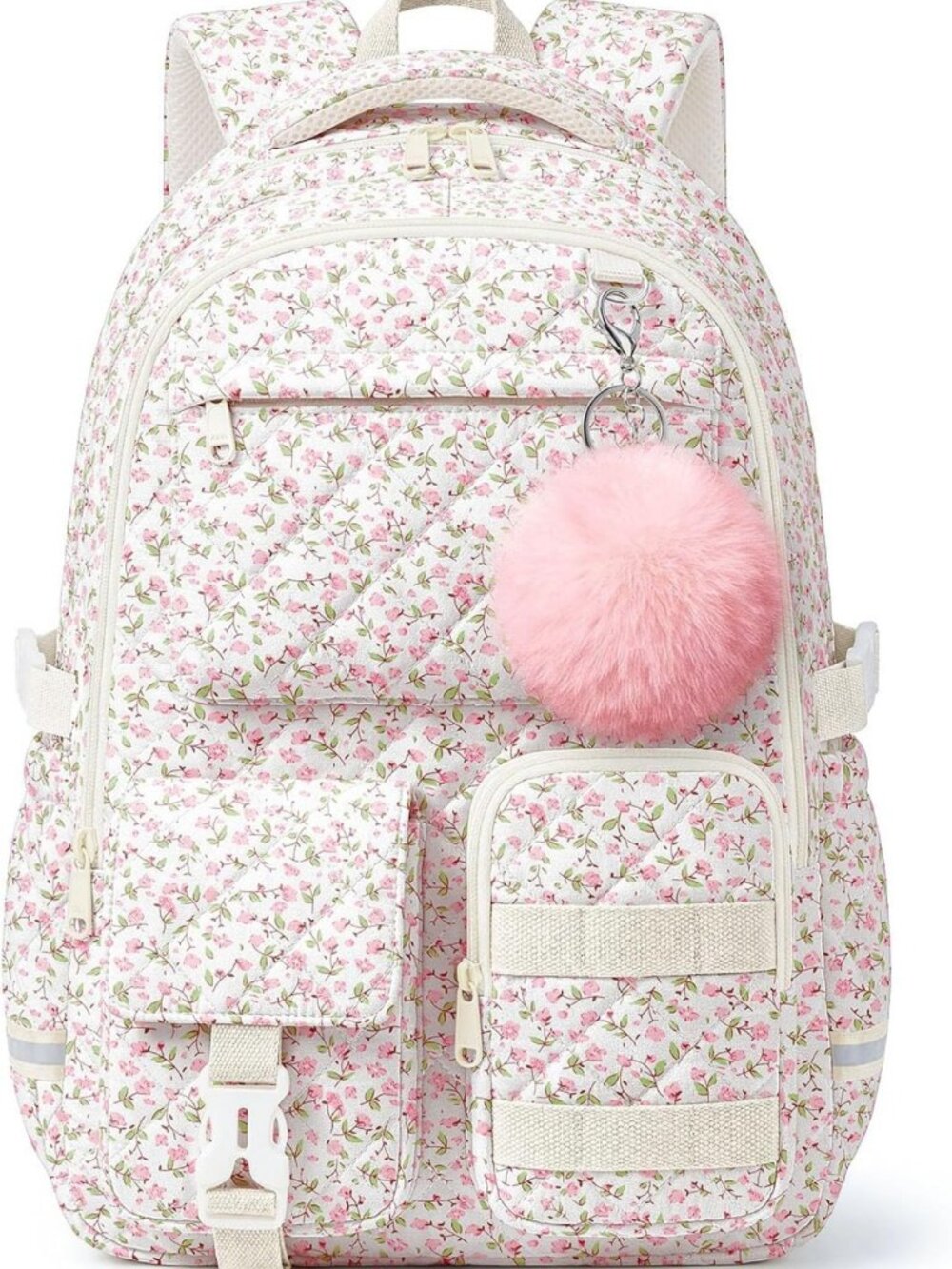 Cute Pink Floral Quilted Backpack for Teen Girls, Lightweight Multi-Pocket